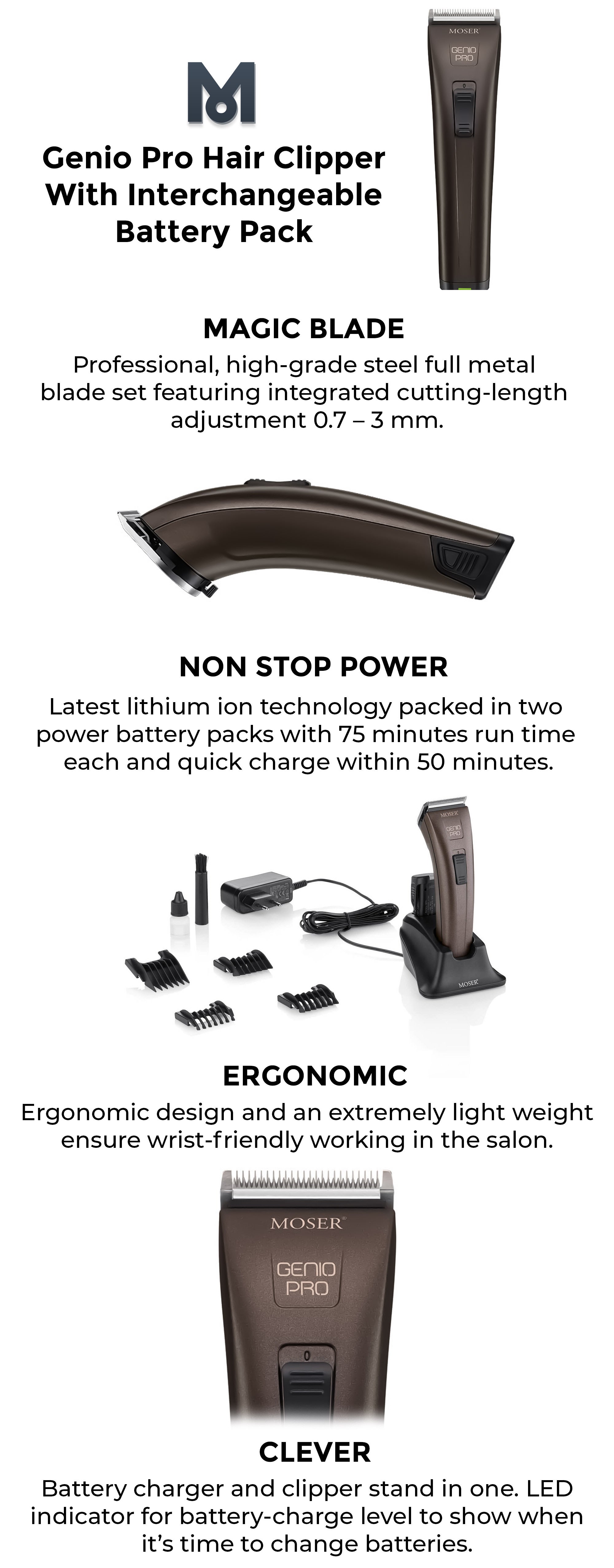 Genio Pro Hair Clipper With Interchangeable Battery Pack Black 280grams