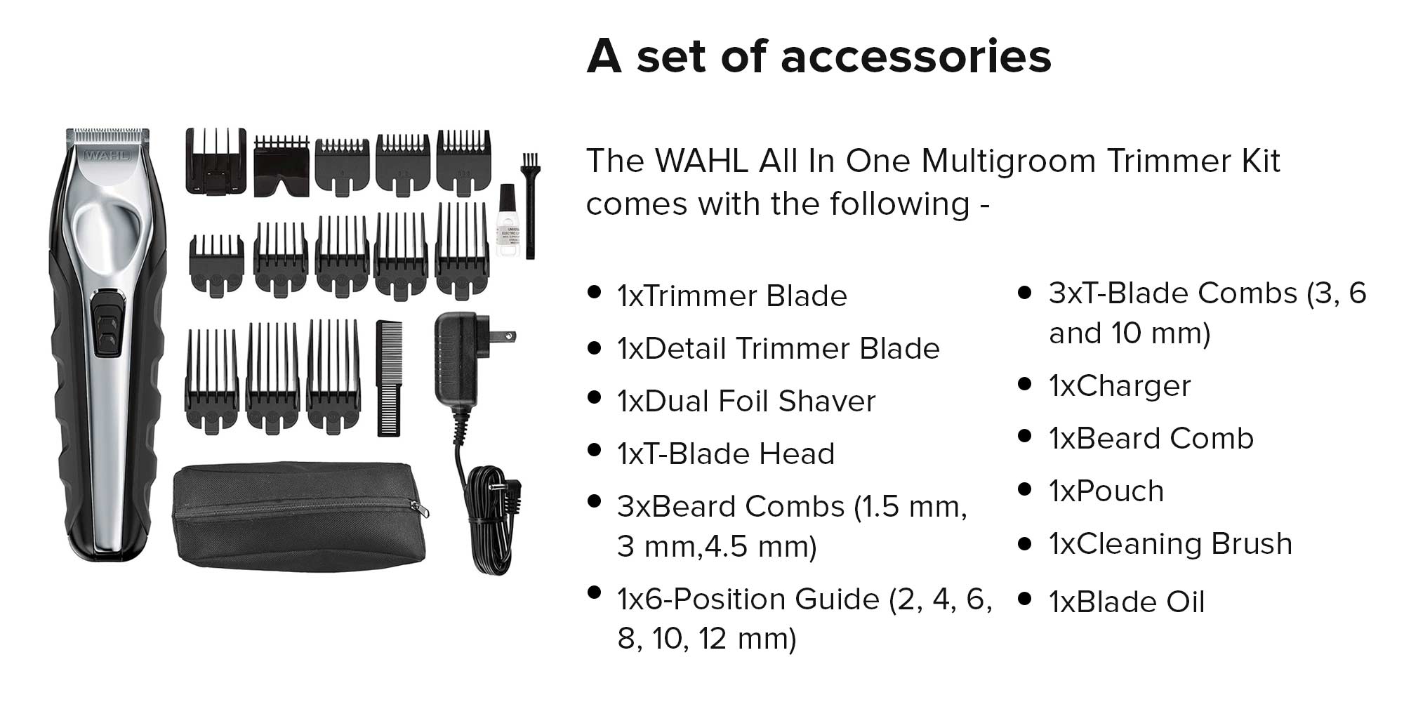 WAHL Lithium Ion Multi-Purpose Grooming Kit For Men, Suitable For Beard and All Types of Hair, Quick Charge With More Power, Black, 09888-1227 Silver/Black