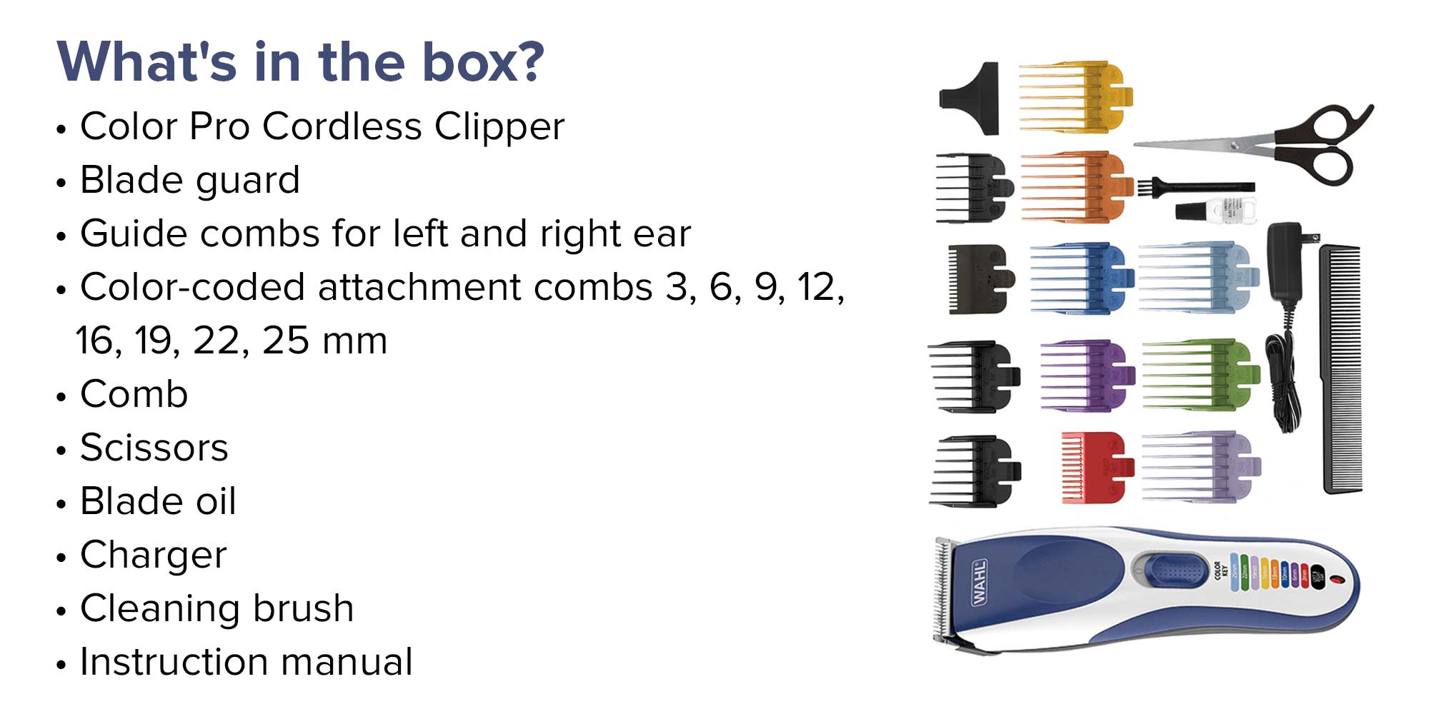 WAHL Color Pro Cordless Hair Clipper Kit, Rechargeable Hair Clipper, Detail Trimmer, Mini Foil Shaver, 12 Colour Coded Comb Attachments, 60 Minutes Run Time, Blue/White Trimmer (09649-1627) Multicolour