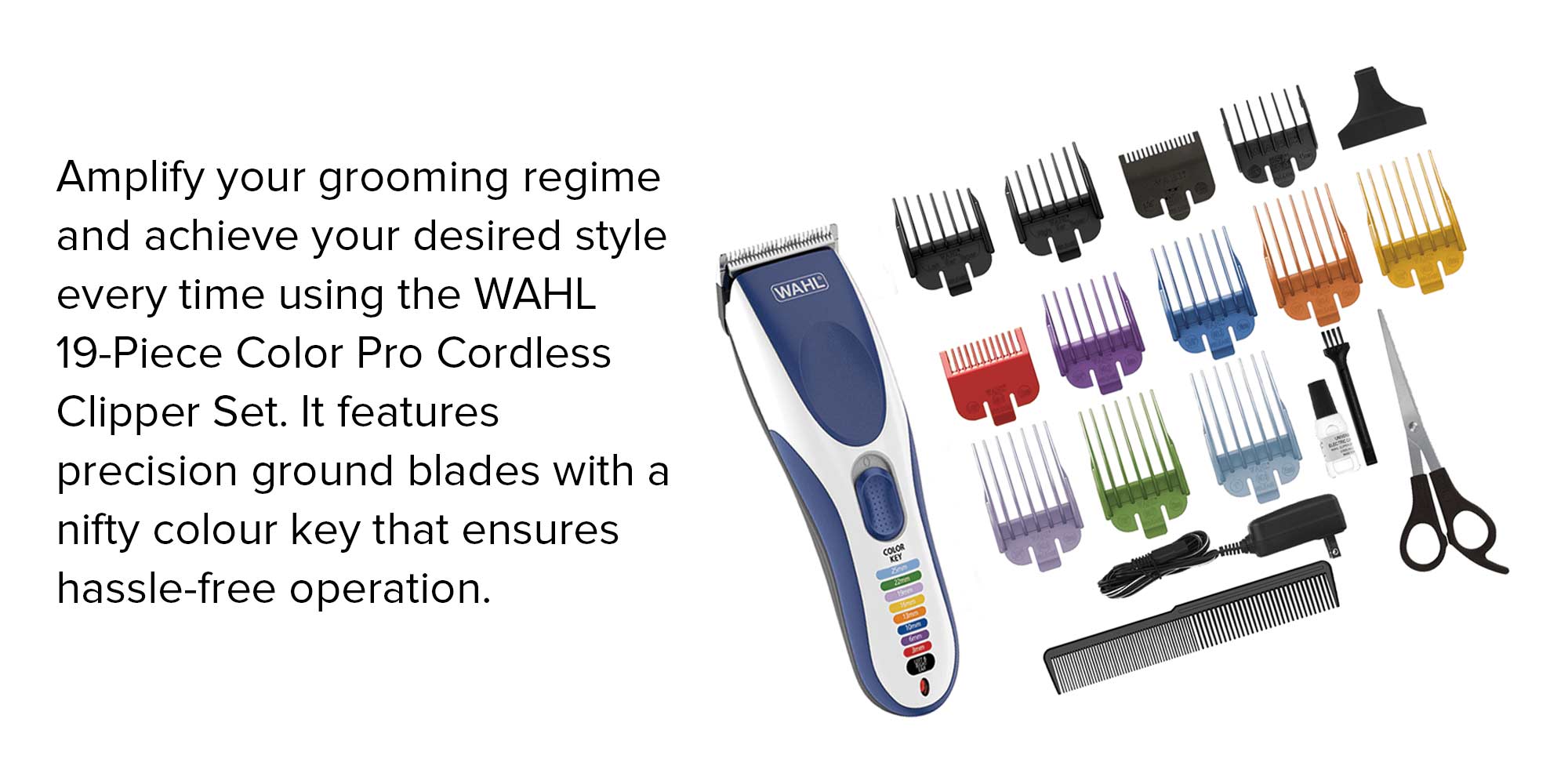 WAHL Color Pro Cordless Hair Clipper Kit, Rechargeable Hair Clipper, Detail Trimmer, Mini Foil Shaver, 12 Colour Coded Comb Attachments, 60 Minutes Run Time, Blue/White Trimmer (09649-1627) Multicolour