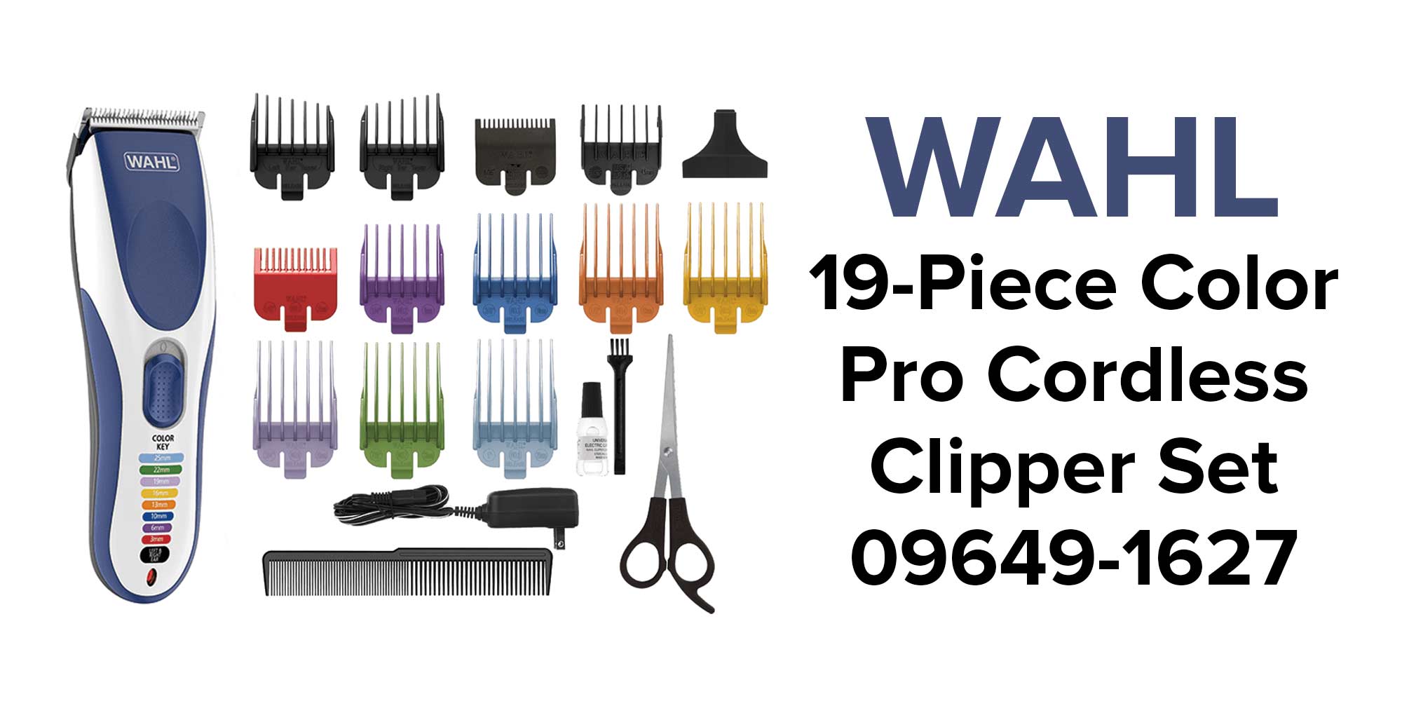WAHL Color Pro Cordless Hair Clipper Kit, Rechargeable Hair Clipper, Detail Trimmer, Mini Foil Shaver, 12 Colour Coded Comb Attachments, 60 Minutes Run Time, Blue/White Trimmer (09649-1627) Multicolour