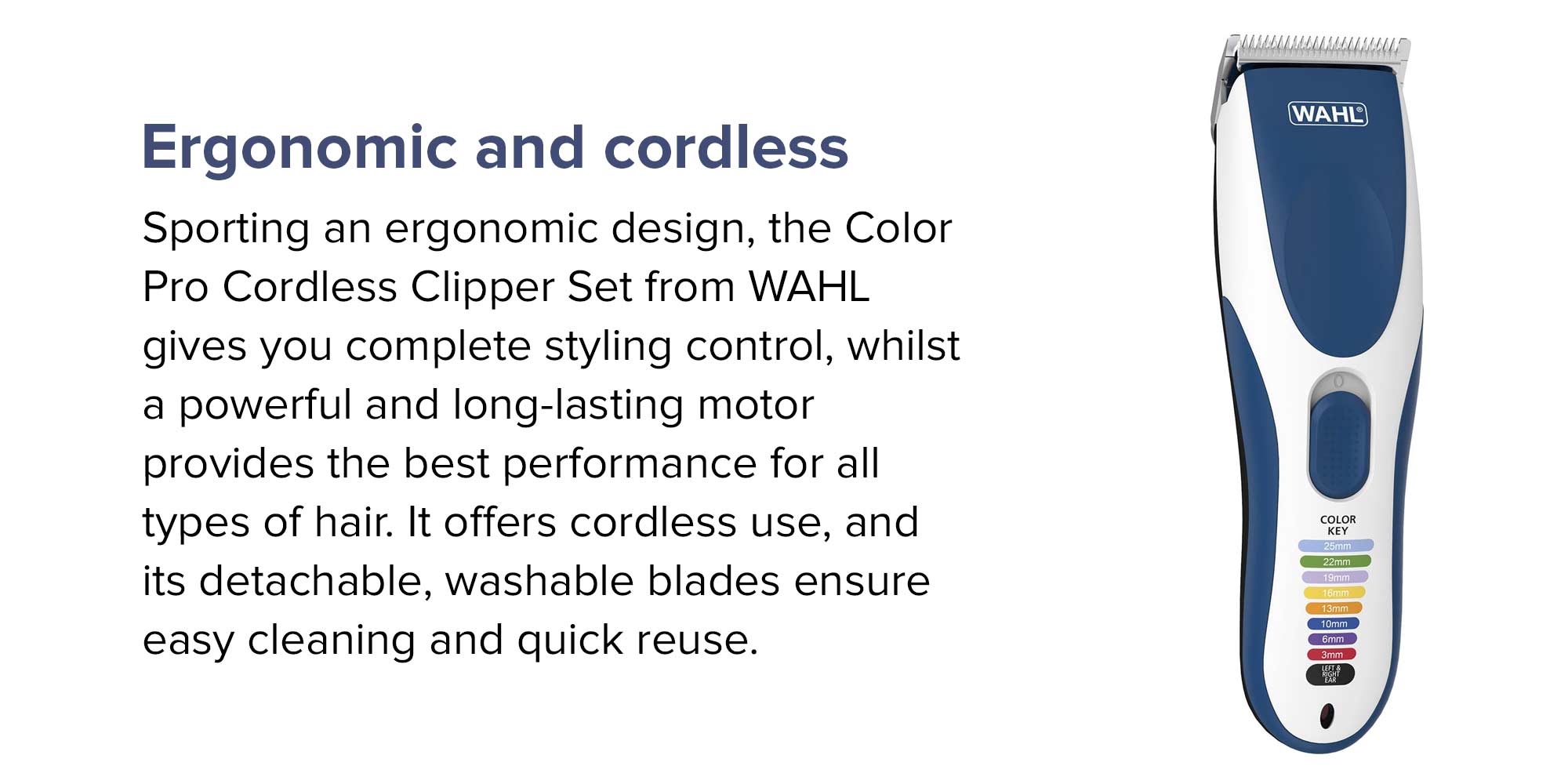 WAHL Color Pro Cordless Hair Clipper Kit, Rechargeable Hair Clipper, Detail Trimmer, Mini Foil Shaver, 12 Colour Coded Comb Attachments, 60 Minutes Run Time, Blue/White Trimmer (09649-1627) Multicolour