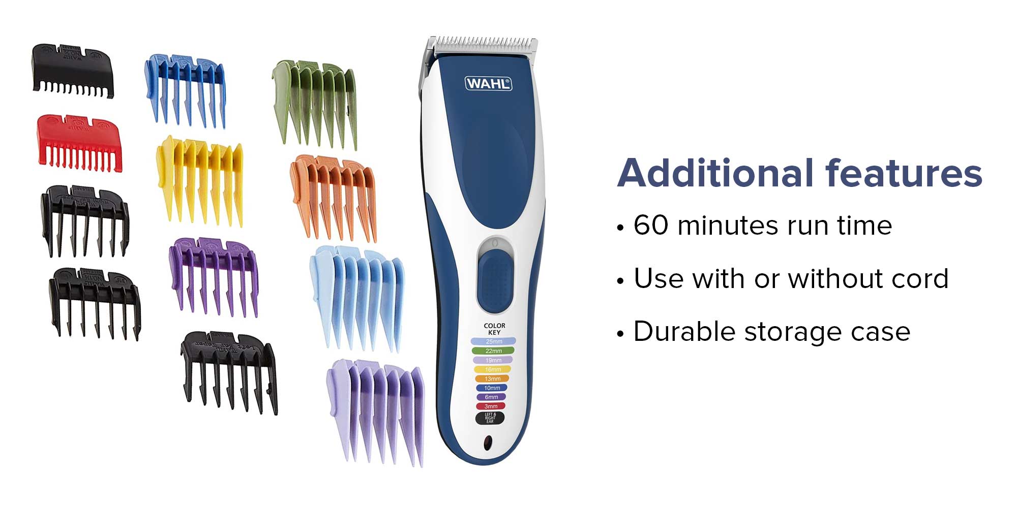 WAHL Color Pro Cordless Hair Clipper Kit, Rechargeable Hair Clipper, Detail Trimmer, Mini Foil Shaver, 12 Colour Coded Comb Attachments, 60 Minutes Run Time, Blue/White Trimmer (09649-1627) Multicolour