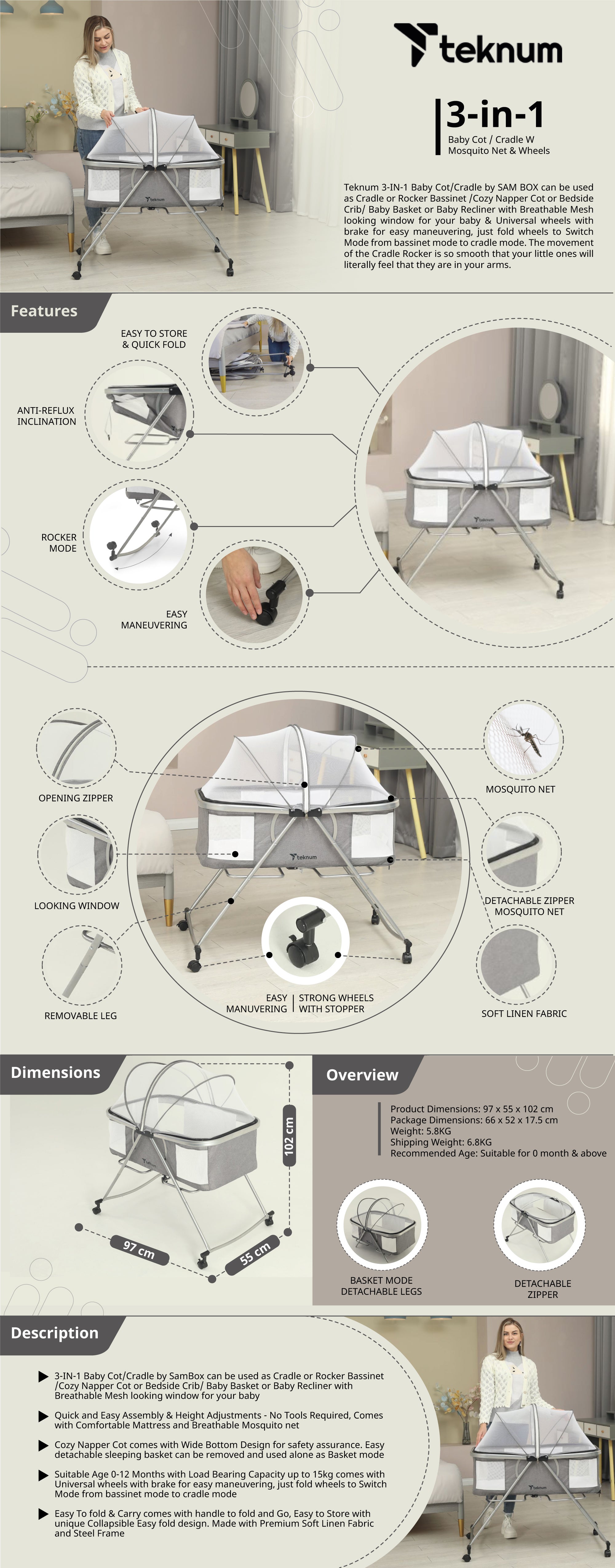 3 - In - 1 Baby Cot , Cradle With Mosquito Net And Wheels - Dark Grey