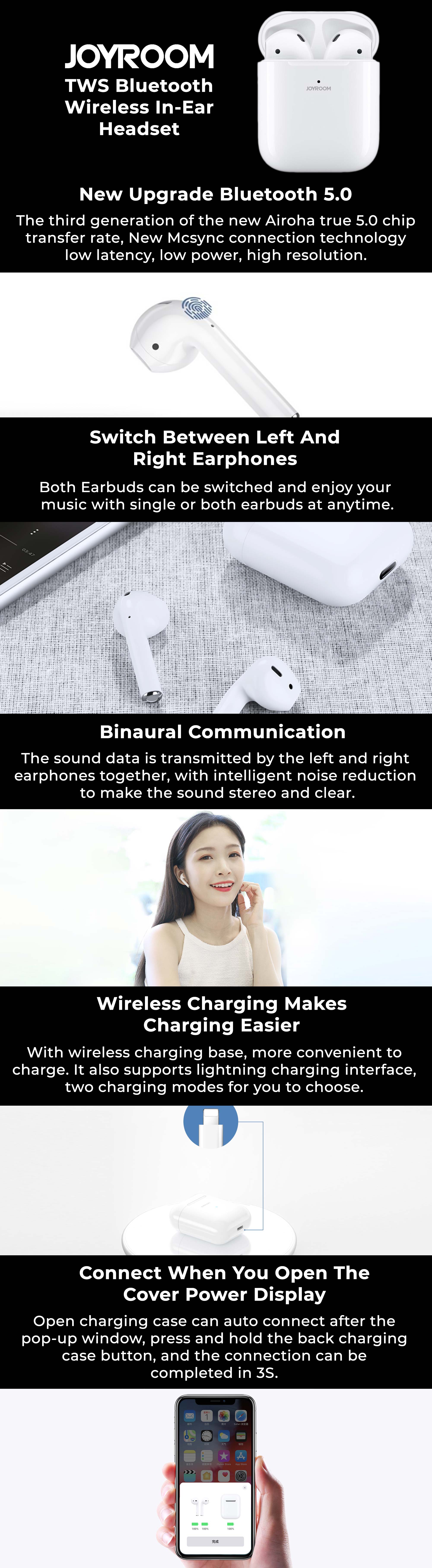 JR-T03S TWS Semi In-Ear Earphones Wireless Earbuds And Equipped With Anti-Fingerprint Silicon Case With Power Box Standard Version White