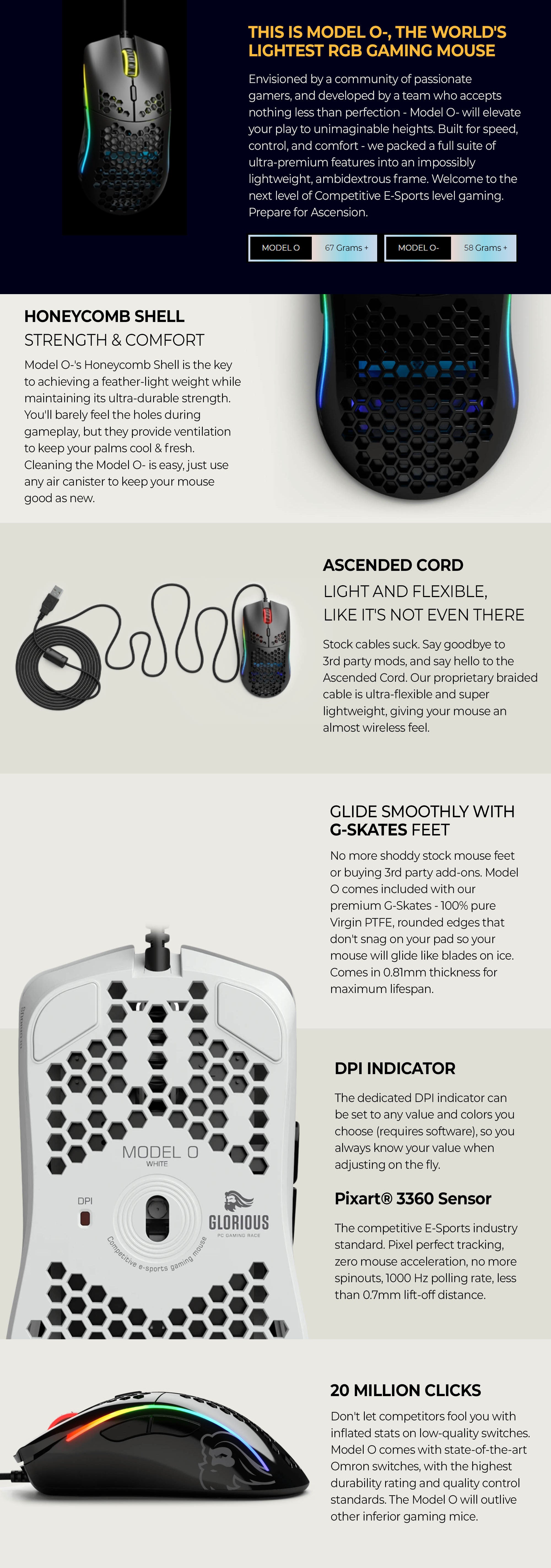 Glorious Model O - Minus Wired Gaming Mouse - RGB 58g Superlight Ergonomic Gaming Mouse - Backlit Honeycomb Shell Design Gaming Mice (Matte White)