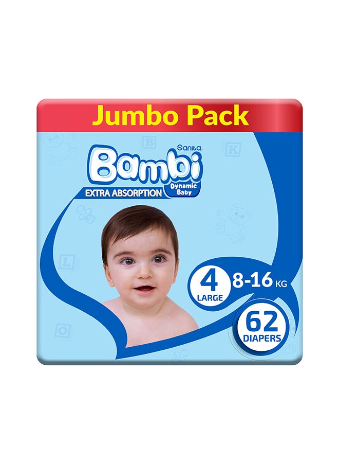 Baby Diapers, Size 4, 8 - 16 Kg, 62 Count - Large, Jumbo Pack, Now Thinner And More Absorbent