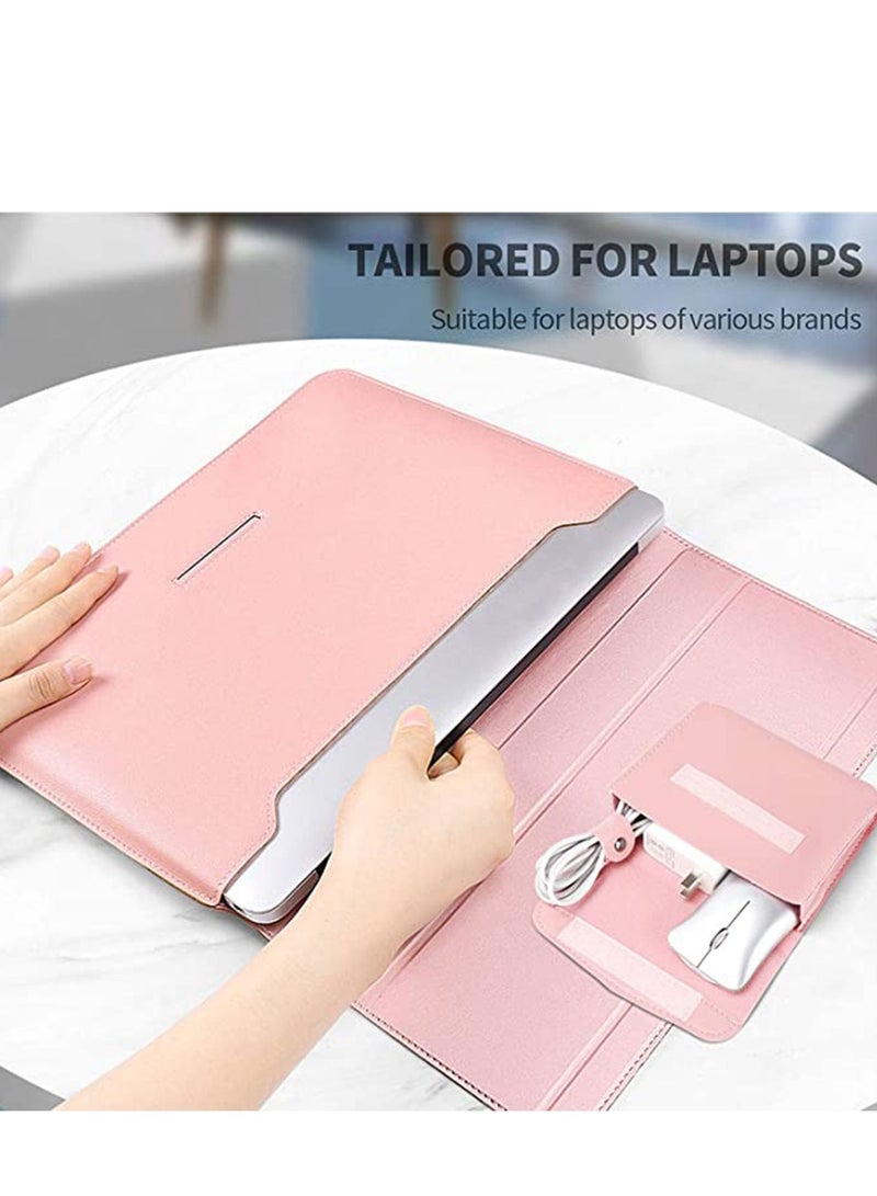 13-14 Inch Laptop Sleeve Bag Universial 2 in 1 Inner with Stand Function Portable Waterproof Case Compatible Laptops and Tablets Soft PU Leather (Pink Rose Gold)