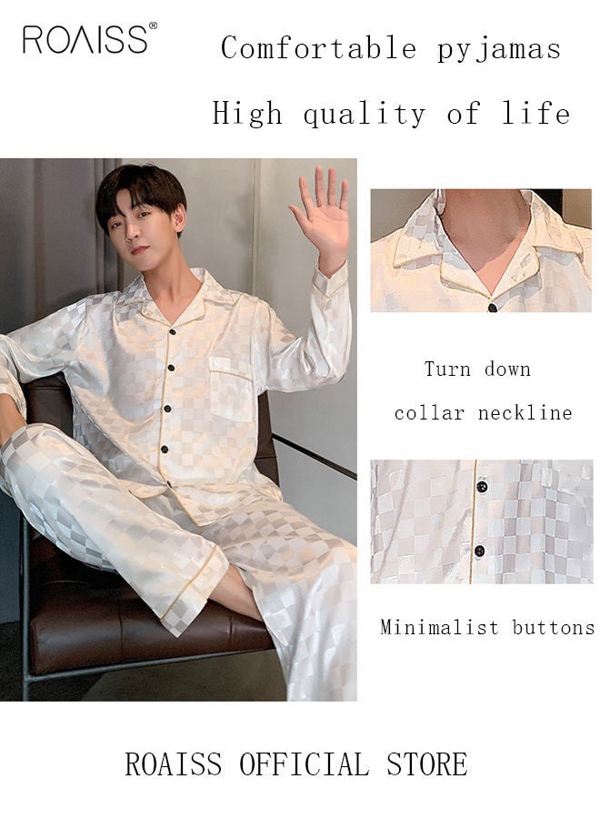 2-Piece Set Men's Long Sleeves Sleepwear Sets Satin Checked Printing Sleepwear Pajamas Pants Silk Nightgown Male Loose Shirts Spring Summer Loungewear Home Clothes