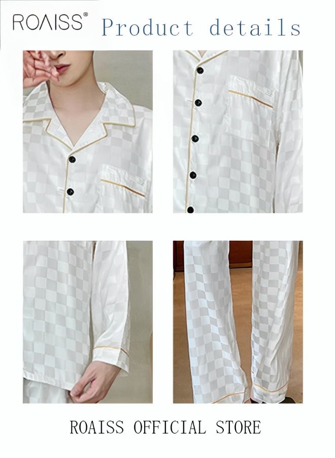 2-Piece Set Men's Long Sleeves Sleepwear Sets Satin Checked Printing Sleepwear Pajamas Pants Silk Nightgown Male Loose Shirts Spring Summer Loungewear Home Clothes