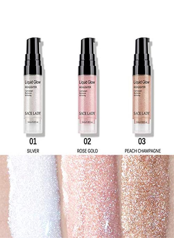 3 Pack Liquid Highlighter Makeup Set Shimmer And Shine Ultrasmooth Radiant Illuminator Kit For Face Cheekbone Body Glow Bronzer Glitter Illuminating Highlighters Makeups (3×6Ml/0.2Fl Oz)