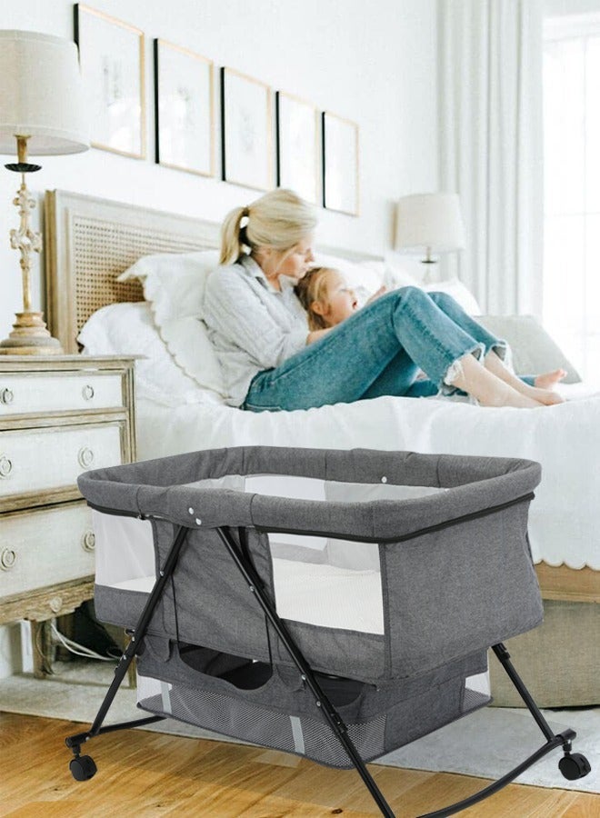 3 In 1 Portable Baby Bassinets Rocking Cradle Bed Easy Folding Bedside Sleeper Crib With Breathable Net And Mattress