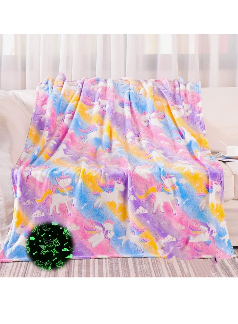 Glow in The Dark Throw Blanket for Girls - 50 x 60 Unicorns Gift Blanket Soft Cozy Flannel Fleece Blanket for Toddler Luminous Plush Blanket Birthday for Kids