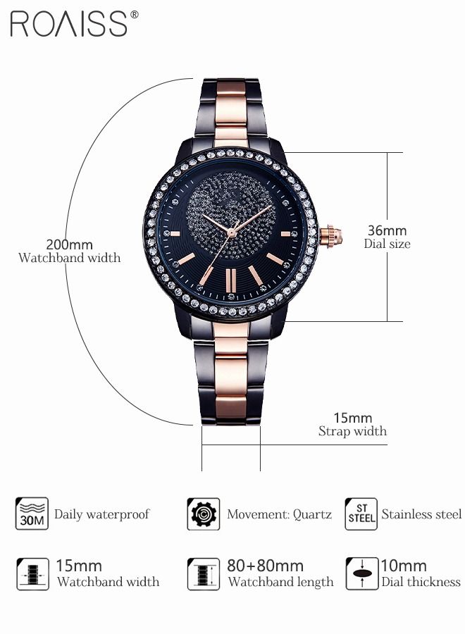 Women's Steel Strap Quartz Watch, Analog Display Round Black Dial Watch with Rhinestones Decoration, Waterproof Elegant Watch as Gift for Women