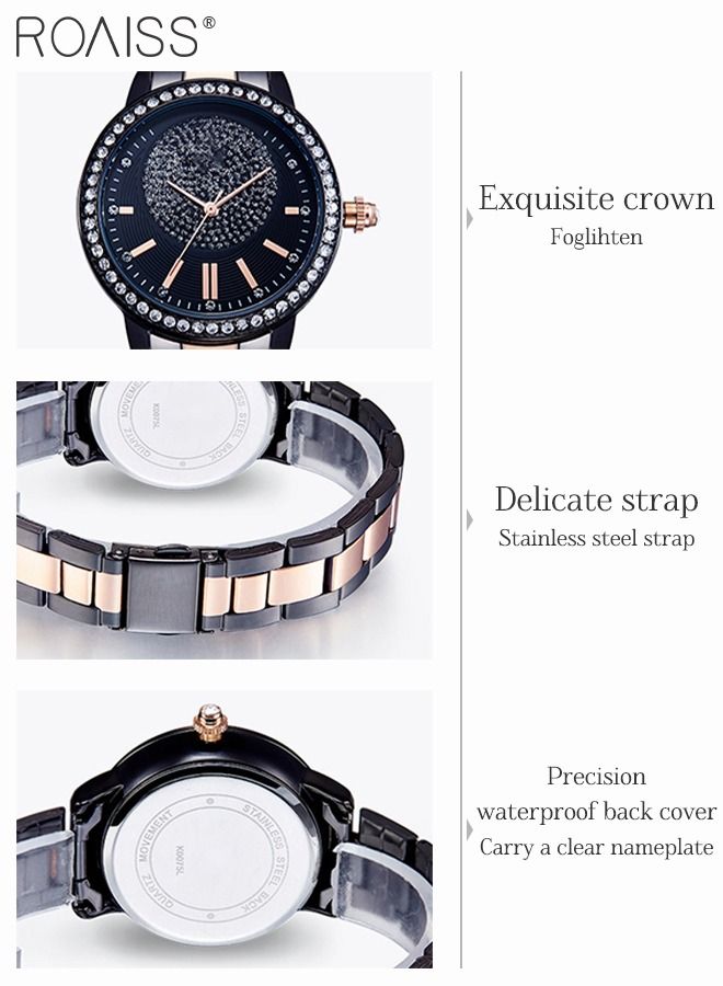 Women's Steel Strap Quartz Watch, Analog Display Round Black Dial Watch with Rhinestones Decoration, Waterproof Elegant Watch as Gift for Women