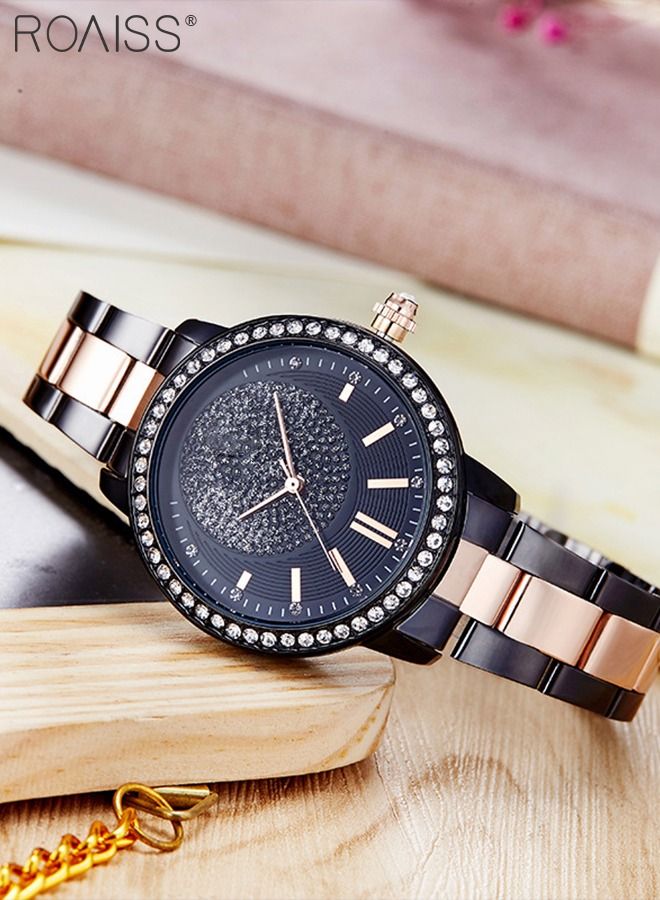 Women's Steel Strap Quartz Watch, Analog Display Round Black Dial Watch with Rhinestones Decoration, Waterproof Elegant Watch as Gift for Women