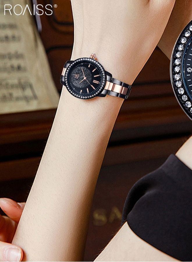 Women's Steel Strap Quartz Watch, Analog Display Round Black Dial Watch with Rhinestones Decoration, Waterproof Elegant Watch as Gift for Women