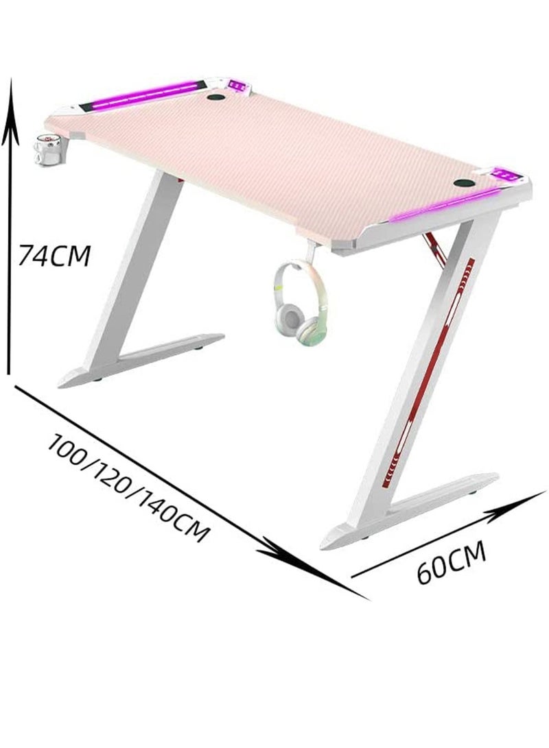 Ergonomic Gaming Desk with RGB LED Lights Computer Gamer Table with Carbon Fiber Desktop and Cup Holder & Headphone Hook