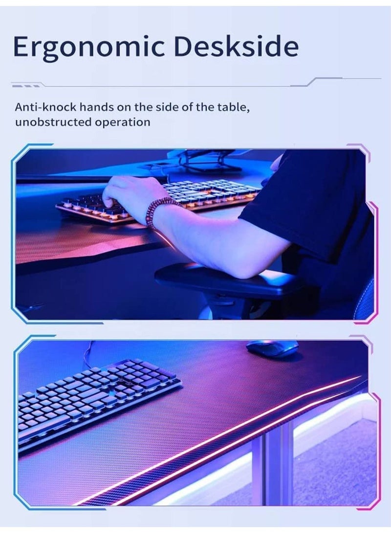 Ergonomic Gaming Desk with RGB LED Lights Computer Gamer Table with Carbon Fiber Desktop and Cup Holder & Headphone Hook