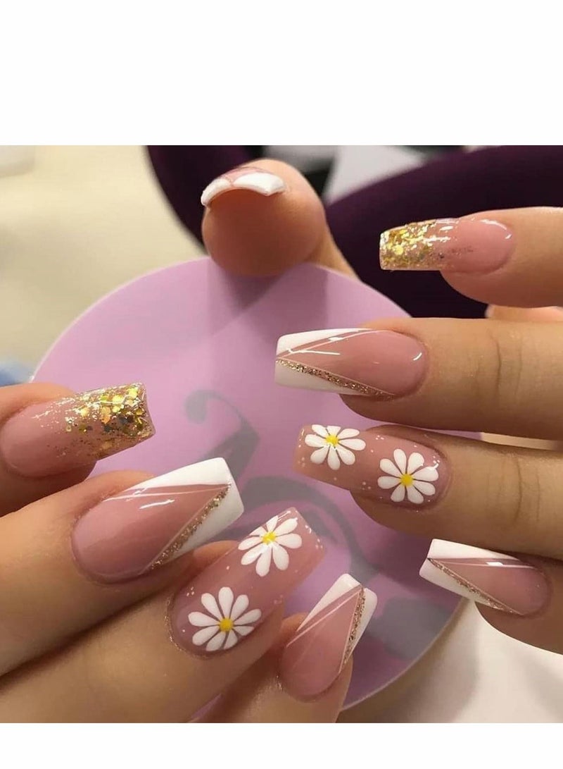 Press on Nails, 24PCS Glossy French Tips Square Shape Glue on Nails, Cute Flower Glitter Sequins Gradient Pink Full Cover Fake Nails with Designs, Acrylic False Nails for Women Girls DIY Manicure