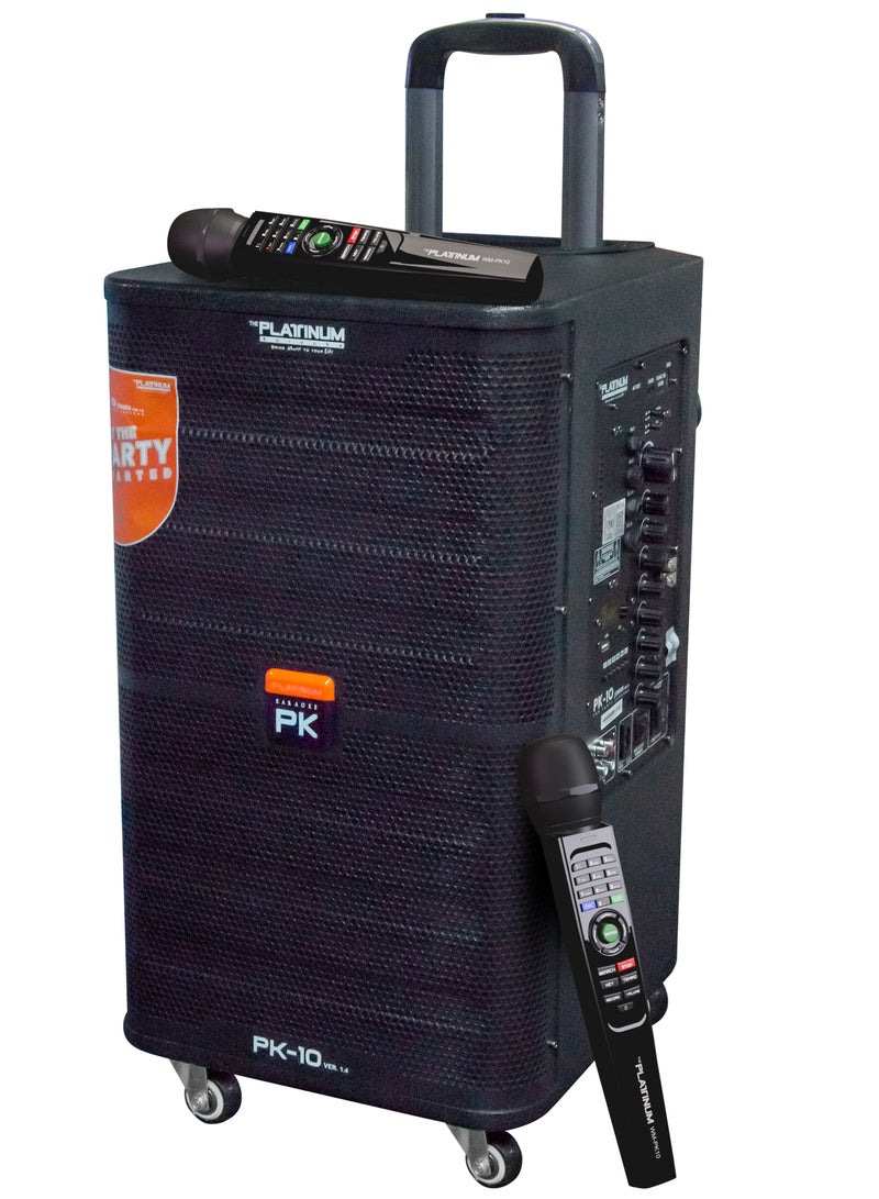 PLATINUM PK10 KARAOKE TROLLY SPK & PARTY JUKEBOX PA SYSTEM WITH 2 W/L MIC HUGE SONG LIBRARY 23K + MIXED LANGUAGE INDIAN ENGLISH &FILIPINO KARAOKE SONGS BUILT-IN & RECHARGEABLE 5/6 HOURS BATTERY BACKUP