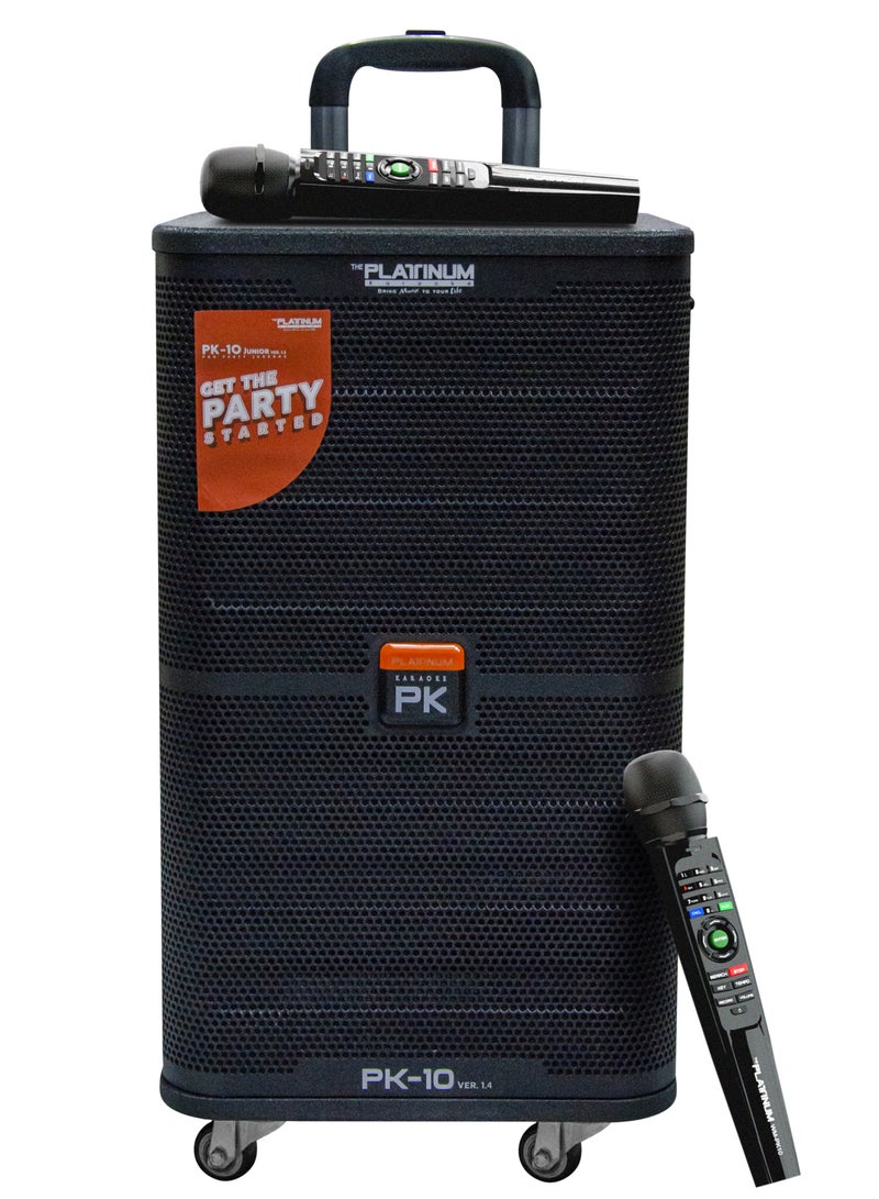 PLATINUM PK10 KARAOKE TROLLY SPK & PARTY JUKEBOX PA SYSTEM WITH 2 W/L MIC HUGE SONG LIBRARY 23K + MIXED LANGUAGE INDIAN ENGLISH &FILIPINO KARAOKE SONGS BUILT-IN & RECHARGEABLE 5/6 HOURS BATTERY BACKUP