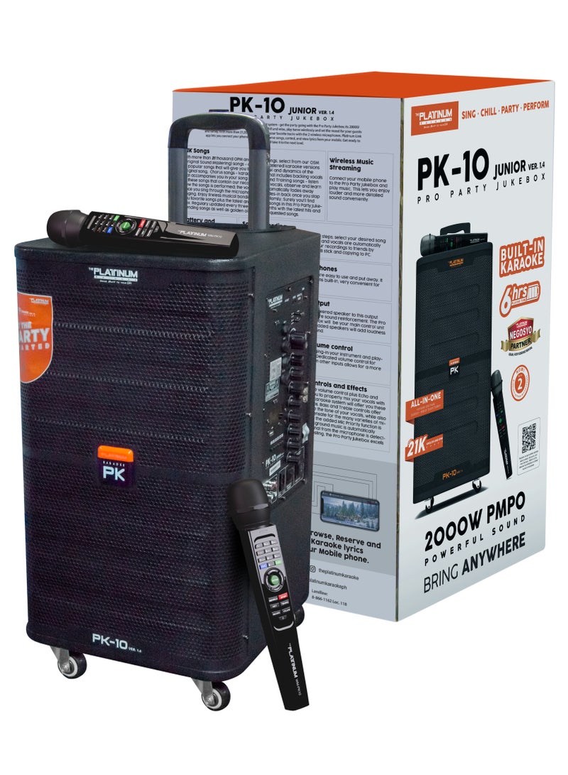 PLATINUM PK10 KARAOKE TROLLY SPK & PARTY JUKEBOX PA SYSTEM WITH 2 W/L MIC HUGE SONG LIBRARY 23K + MIXED LANGUAGE INDIAN ENGLISH &FILIPINO KARAOKE SONGS BUILT-IN & RECHARGEABLE 5/6 HOURS BATTERY BACKUP