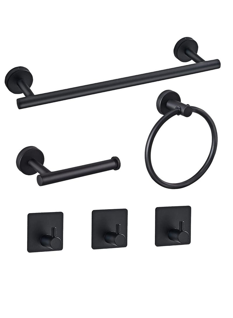 Towel Bar Set KASTWAVE 6 PCS Bathroom Matte Black Stainless Steel Accessories Rack Round Wall Mounted, Include 16inch Bar, Toilet Paper Holder, Ring, 3 Robe Hooks