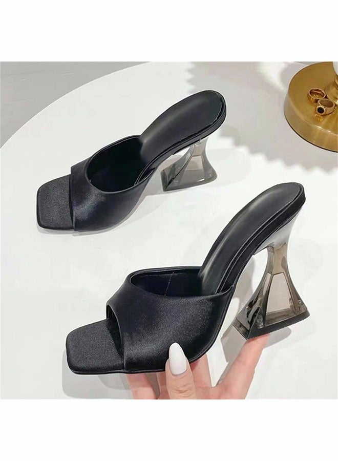 Women's Fashion Satin High Heel Slippers Square Head Crystal Heel Solid Bright Sandals Open Toe Summer Non Slip High Heels