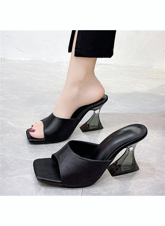 Women's Fashion Satin High Heel Slippers Square Head Crystal Heel Solid Bright Sandals Open Toe Summer Non Slip High Heels