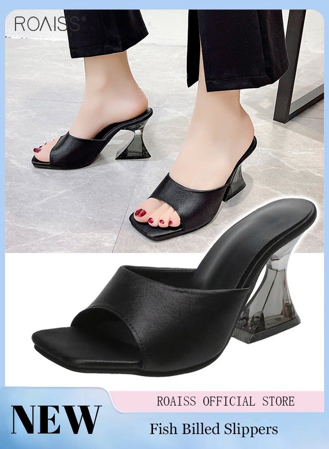 Women's Fashion Satin High Heel Slippers Square Head Crystal Heel Solid Bright Sandals Open Toe Summer Non Slip High Heels