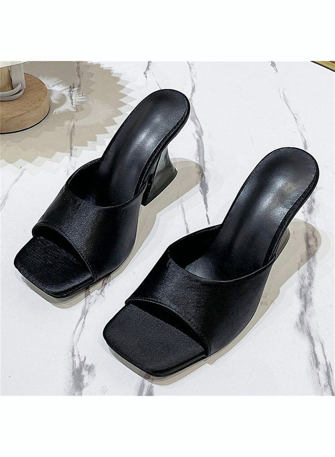 Women's Fashion Satin High Heel Slippers Square Head Crystal Heel Solid Bright Sandals Open Toe Summer Non Slip High Heels