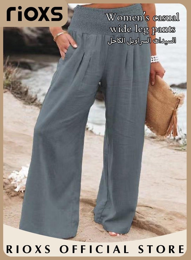 Women Casual Wide Leg Cotton Linen Trouser Comfy Elastic High Waist Pant With Pockets