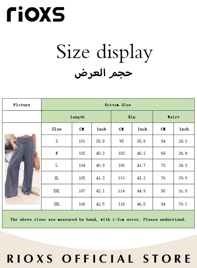 Casual Wide Leg Cotton Linen Trouser for Women Comfy Elastic High Waist Pant With Pockets Women's Loose Fit Dress Pants