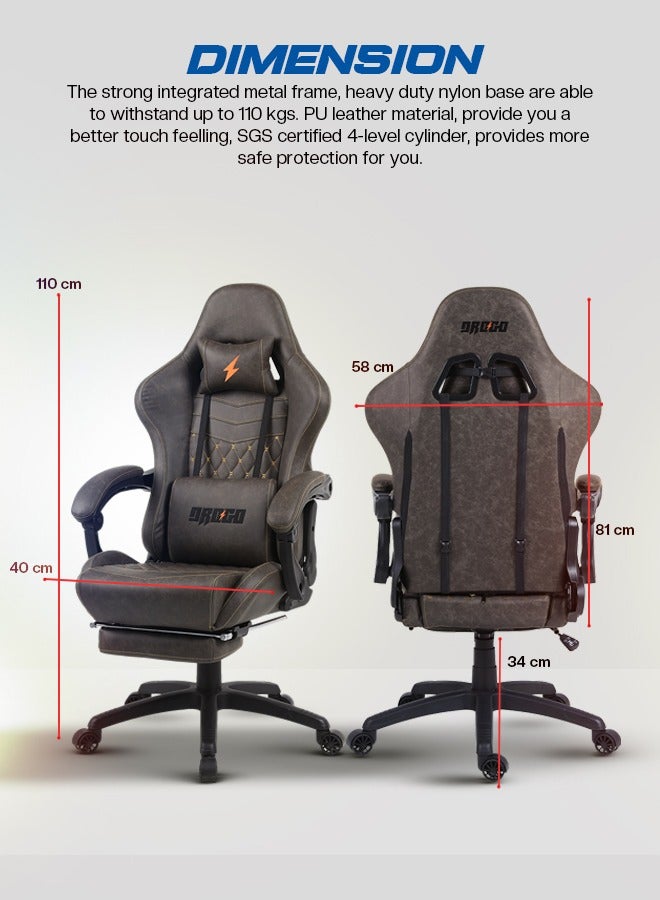 Drogo Ergonomic Gaming Chair with 7 Way adjustable Seat Leather Material Desk Chair Head & USB Massager Lumbar Pillow Video Games Chair Home Office Chair with Full Reclining Back Footrest Brown