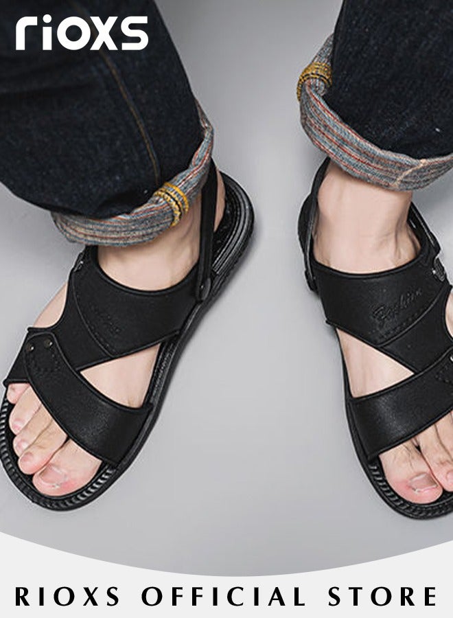 Men's Casual Open Toe Faux Leather Sandals Summer Non-Slip Beach Sandal Sneakers Walking Outdoor Flat Sandals