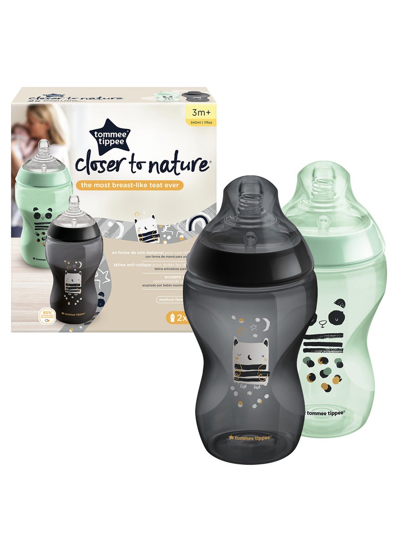 Pack Of 2 Closer To Nature Baby Bottles, Medium-Flow Teat With Anti-Colic Valve 3 Months+, 340 ml Multicolor