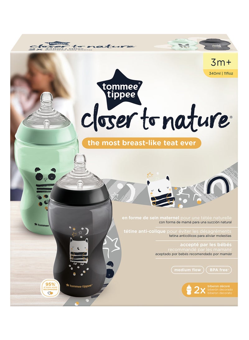 Pack Of 2 Closer To Nature Baby Bottles, Medium-Flow Teat With Anti-Colic Valve 3 Months+, 340 ml Multicolor