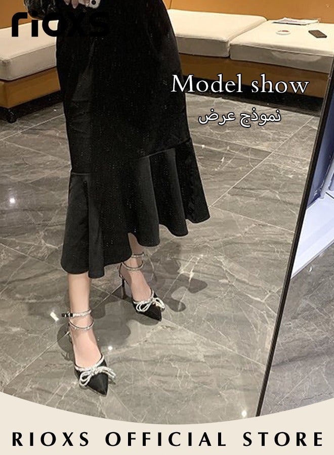 Women's Pointed Toe High Heels Ankle Strap Rhinestone Stilettos Bowknots Sandals For Wedding Party Or Date