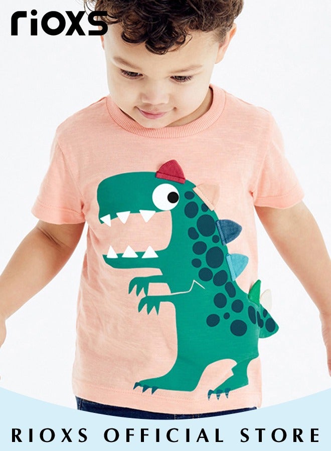 Toddler Boys Short Sleeve T-Shirts, Crewneck Cartoon Dinosaur Shirts, Fashion Breathable Soft Cotton T-ShirtTee Tops for Kids, Classic Graphic Short Sleeve Tees, Perfect for Daily Wearing, School and Other Outdoor Activities