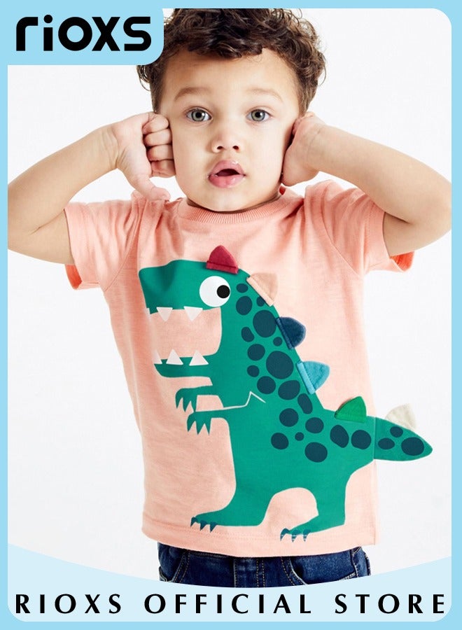 Toddler Boys Short Sleeve T-Shirts, Crewneck Cartoon Dinosaur Shirts, Fashion Breathable Soft Cotton T-ShirtTee Tops for Kids, Classic Graphic Short Sleeve Tees, Perfect for Daily Wearing, School and Other Outdoor Activities