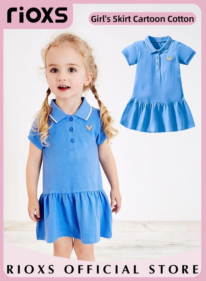 Kids Girls Short Sleeve Button Up A Line Dress Round Neck Knitted 100% Cotton Princess Summer Doll Collar Dress