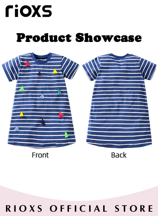 Toddlers Kids Girls Short Sleeve A Line Striped Dress Round Neck Knitted 100% Cotton Princess Summer Dress