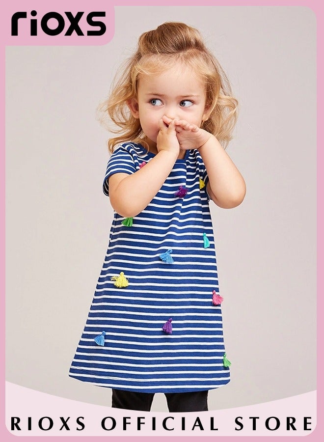 Toddlers Kids Girls Short Sleeve A Line Striped Dress Round Neck Knitted 100% Cotton Princess Summer Dress