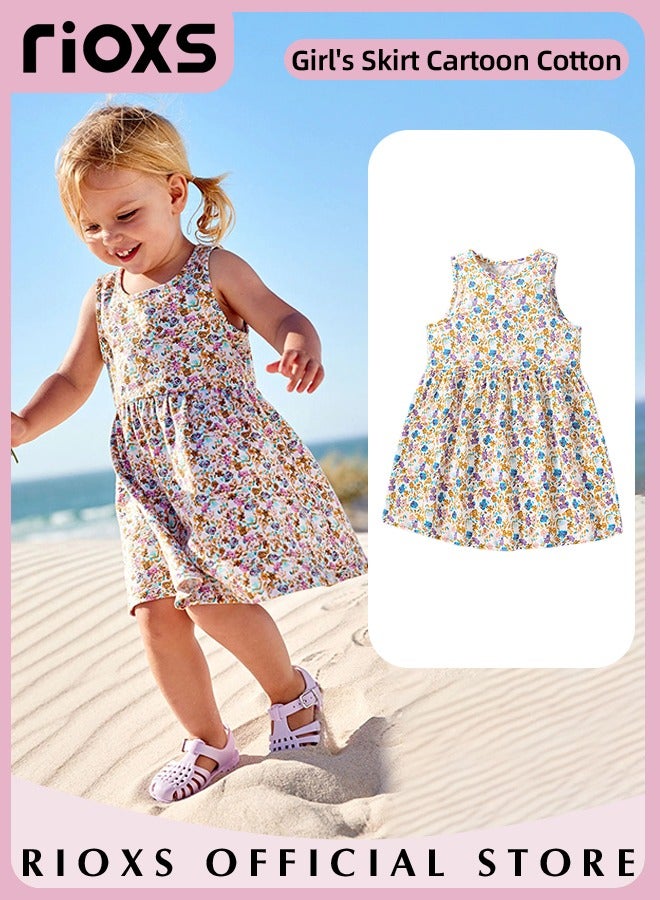 Toddlers Kids Girls Floral Printed A Line Dress Round Neck Sleeveless Dress Knitted 100% Cotton Princess Summer Dress