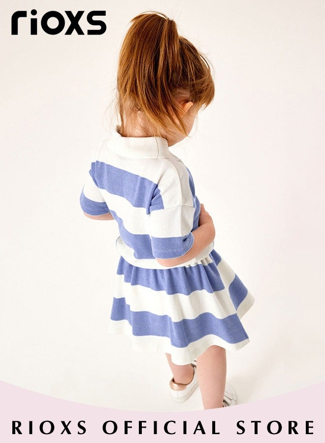 Toddlers Kids Girls Short Sleeve Button Up A Line Dress Round Neck Knitted 100% Cotton Princess Summer Doll Collar Dress