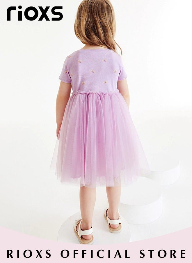 Girls Stylish A-line Tutu Dress, Short Sleeve Round Neck Dress with Adorable Patterns, Wonderful Summer Dresses for Girls, Comfortable to Wear, Suitable for Daily Wear, Vacation and Other Occasions, Great Gift Choice for Girls