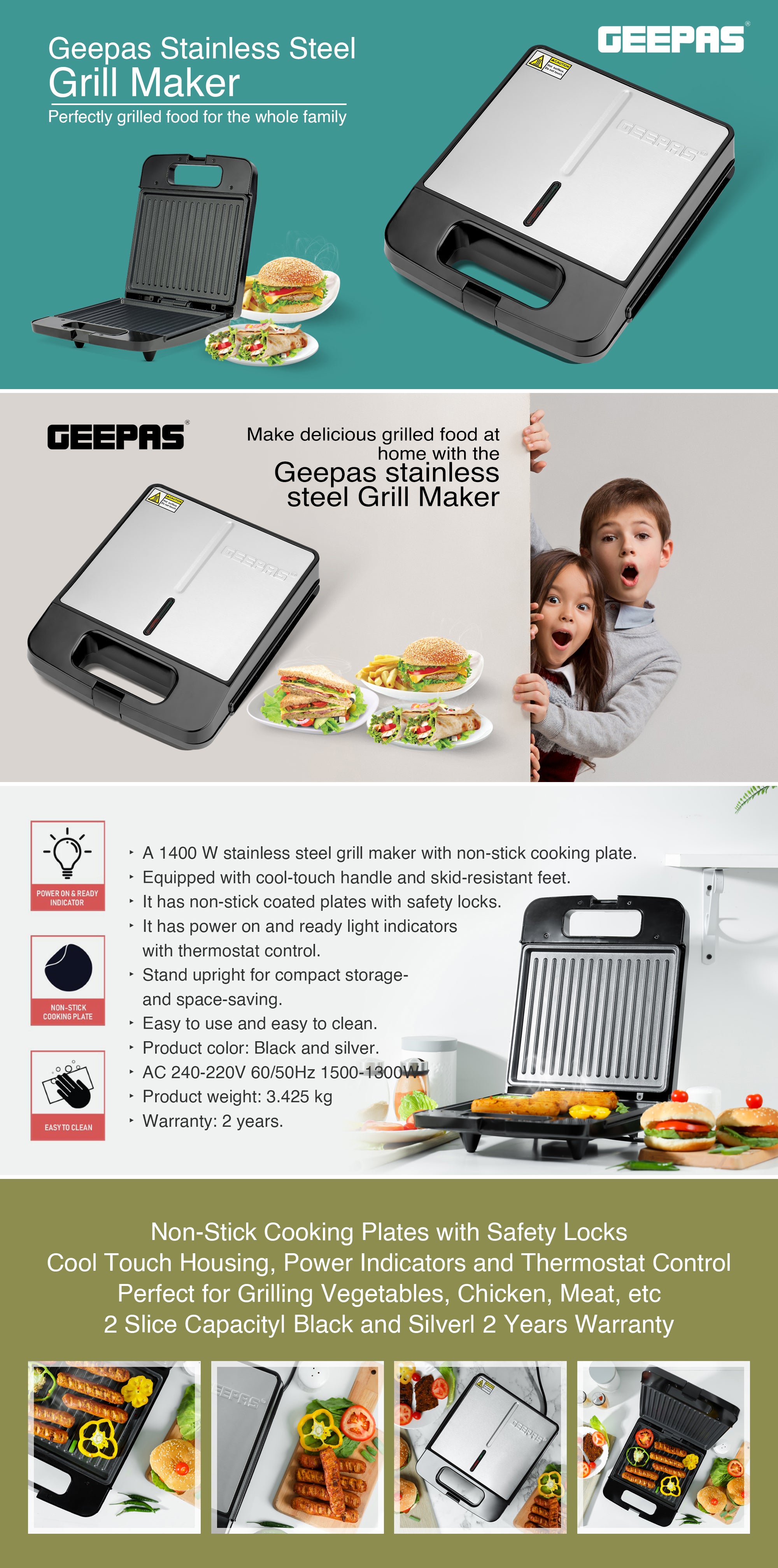 Grill Maker, Power On & Ready Indicator, Non-Stick Cooking Plate, Cool Touch Housing, Thermostat Control, Upright Stand for Compact Storage 1400 W GGT671N Silver/Black