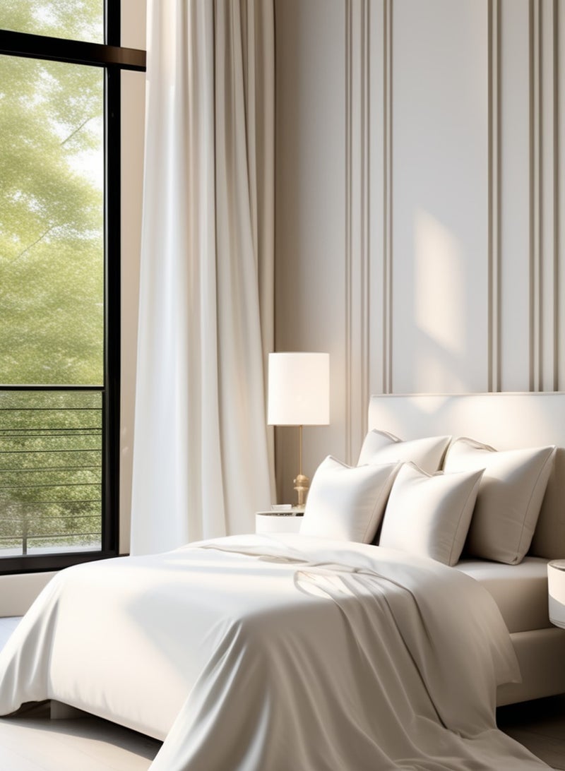 Raymond Home Queen Size Super Soft 210 TC Satin Pure Cotton Fitted sheet & 2 Pillow Cases (160x200+30 cm, 50x75 cm) Ivory