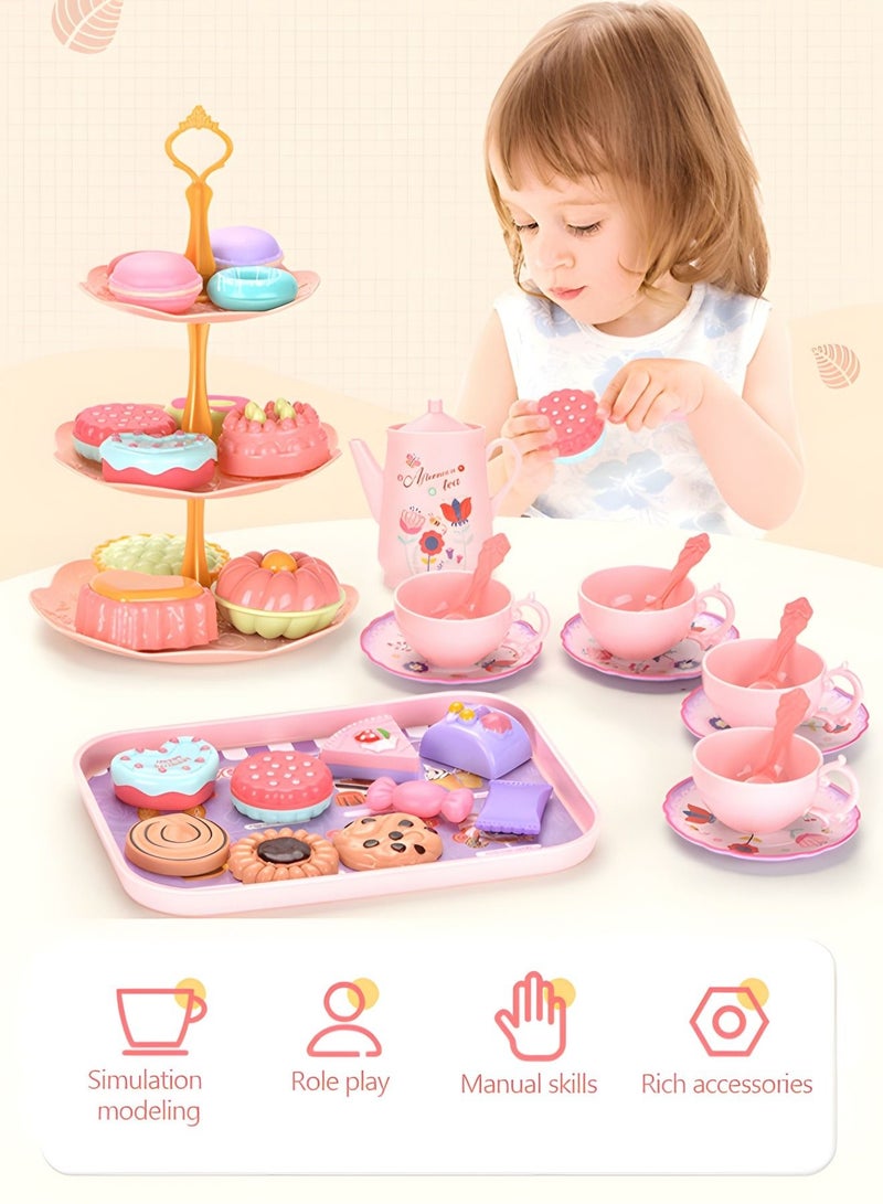 Tea Set for Little Girls, Princess Tea Time Toys Playset- Teapot Dishes Dessert & Carrying Case, Kitchen Pretend Play Tea Party Set,Kids Kitchen Pretend Play